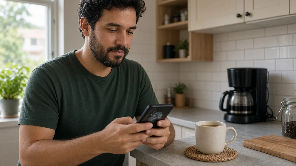 Na secção do artigo: pessoa acessa app gov br no celular com cafe na bancada da cozinha. ambiente brasileiro contemporâneo e equipamentos de serviço à vista.