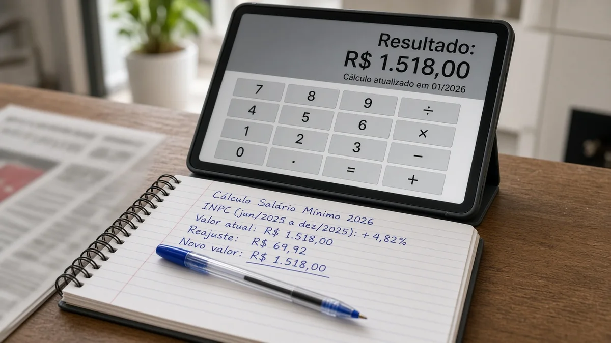 Na secção do artigo: close-up de tela com resultado de calculo e caneta sobre caderno. ambiente brasileiro contemporâneo e equipamentos de serviço à vista.
