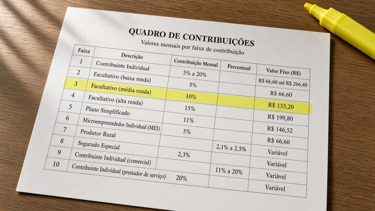 Na secção do artigo: folha com faixas de contribuicao destacada por marca-texto amarelo. ambiente brasileiro contemporâneo e equipamentos de serviço à vista.